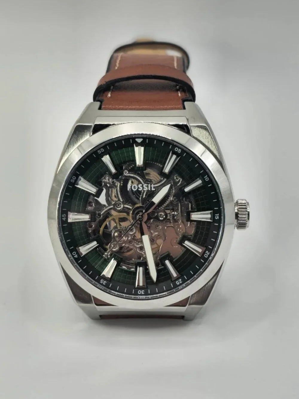 Fossil Everett Men's Automatic Green Skeleton Dial Brown Leather Watch ME3261